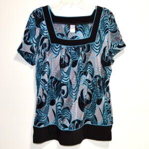 Studio 1940 Women's Blue & Black Abstract Print Square Neck Short Sleeve Top –XL